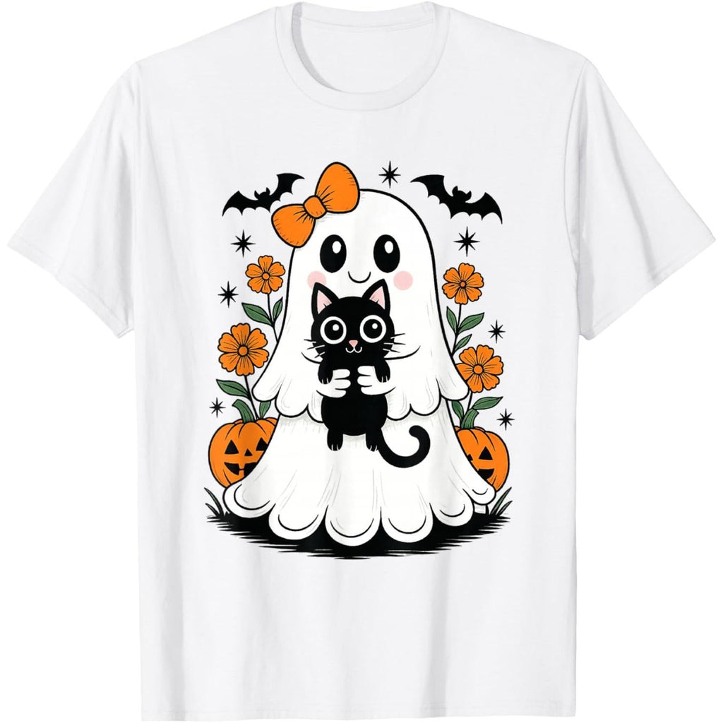 Vintage Halloween Ghost Holding Black Cat T-Shirt product image 1