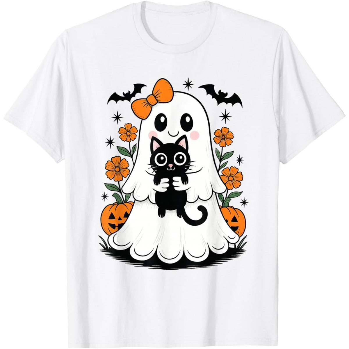 Vintage Halloween Ghost Holding Black Cat T-Shirt product image 1