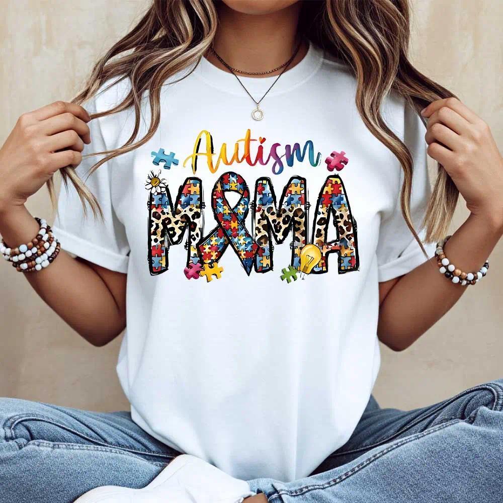 Autism Mama Puzzle Pieces And Ribbon Print T Shirt White product image 11