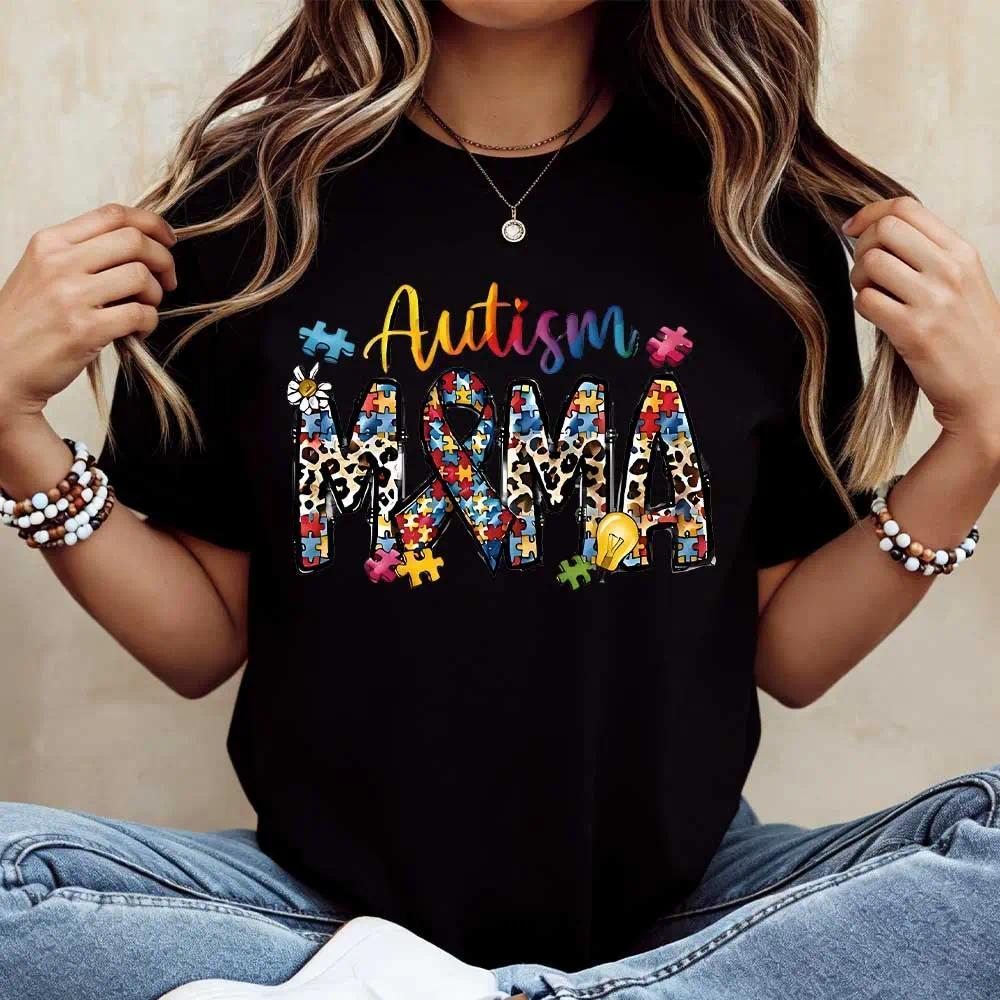 Autism Mama Puzzle Pieces And Ribbon Print T Shirt White product image 3