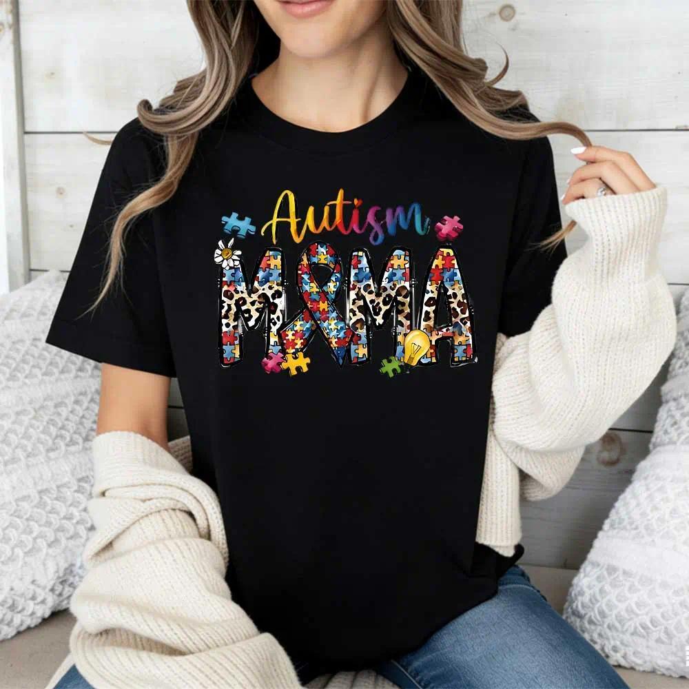 Autism Mama Puzzle Pieces And Ribbon Print T Shirt White product image 4