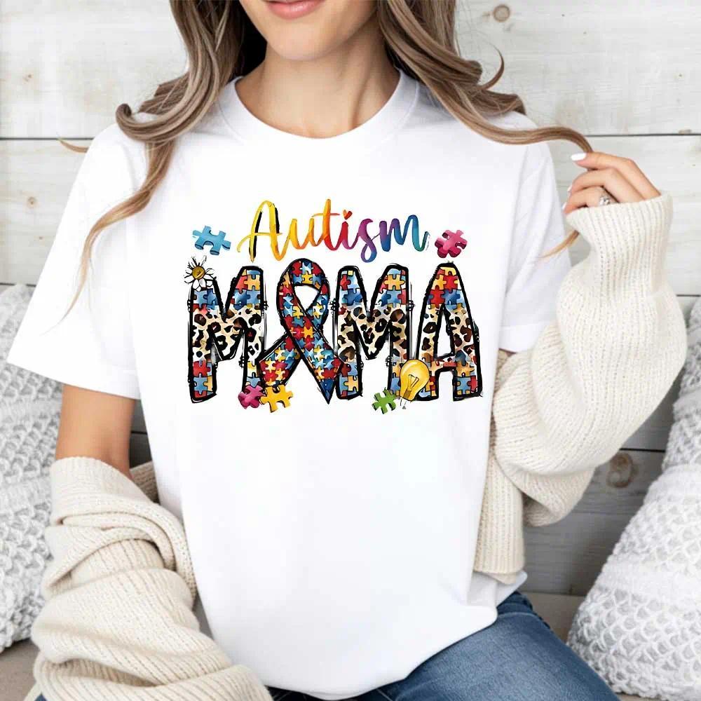 Autism Mama Puzzle Pieces And Ribbon Print T Shirt White product image 2
