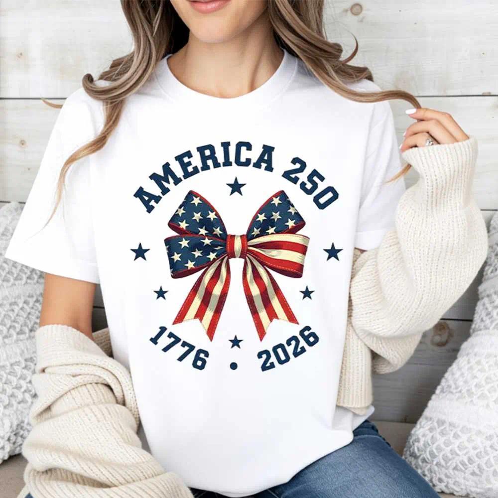 America 250 Stars And Stripes Bow Print T Shirt White Crew product image 2