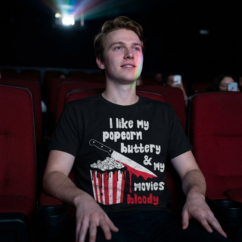 I Like My Popcorn Buttery And My Movies Bloody Men's T Shirt product image 2